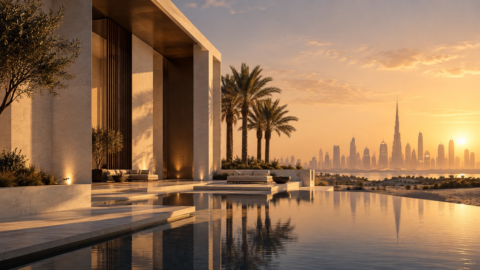 Contemporary limestone residence, reflecting pool, palms, and Dubai skyline at golden hour
